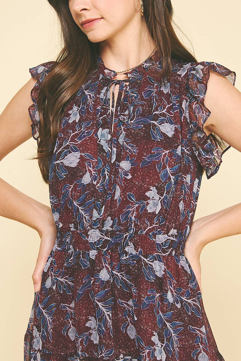 Deep Wine Floral Print Tiered Chiffon Dress