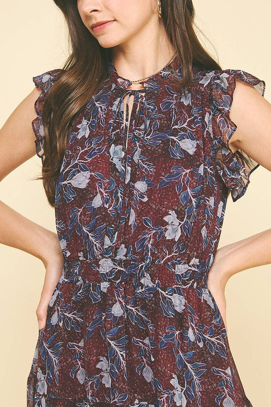 Deep Wine Floral Print Tiered Chiffon Dress