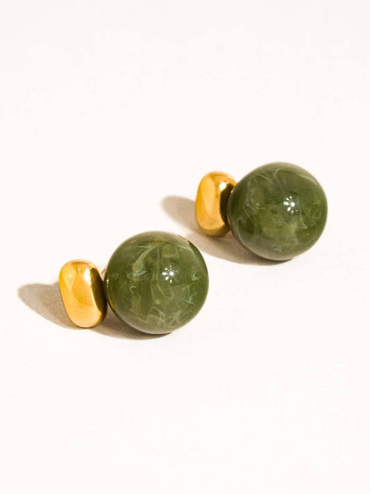 18K Gold Non-Tarnish Green Marble Ball Earrings