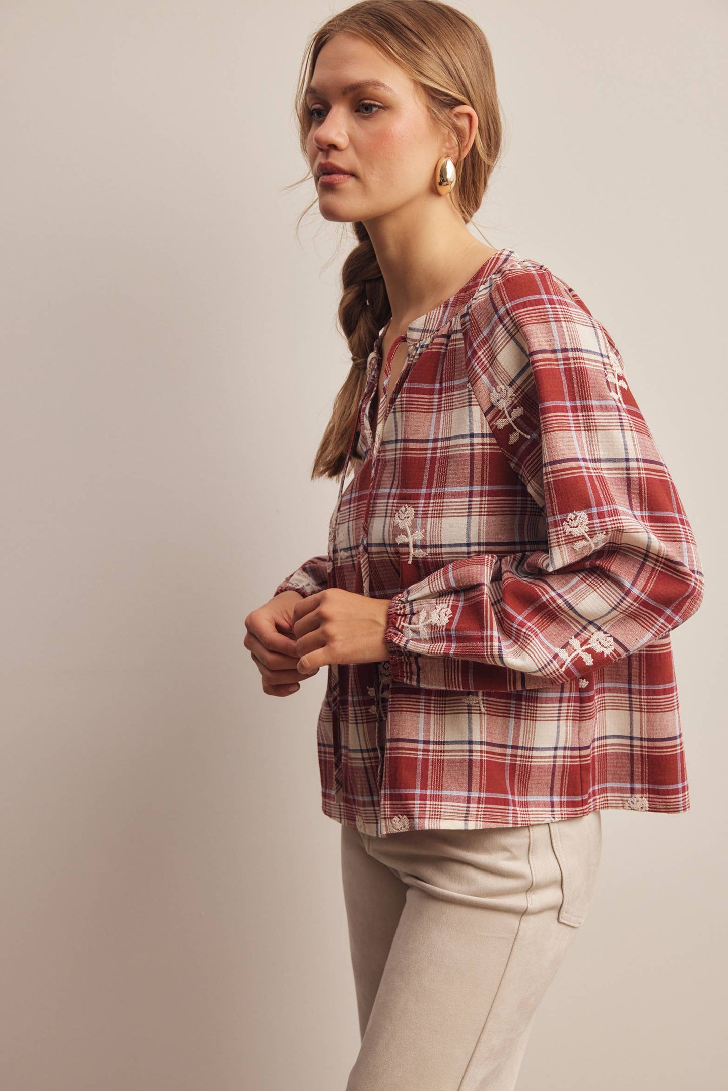 Embroidered Red Plaid Tie Neck Blouse