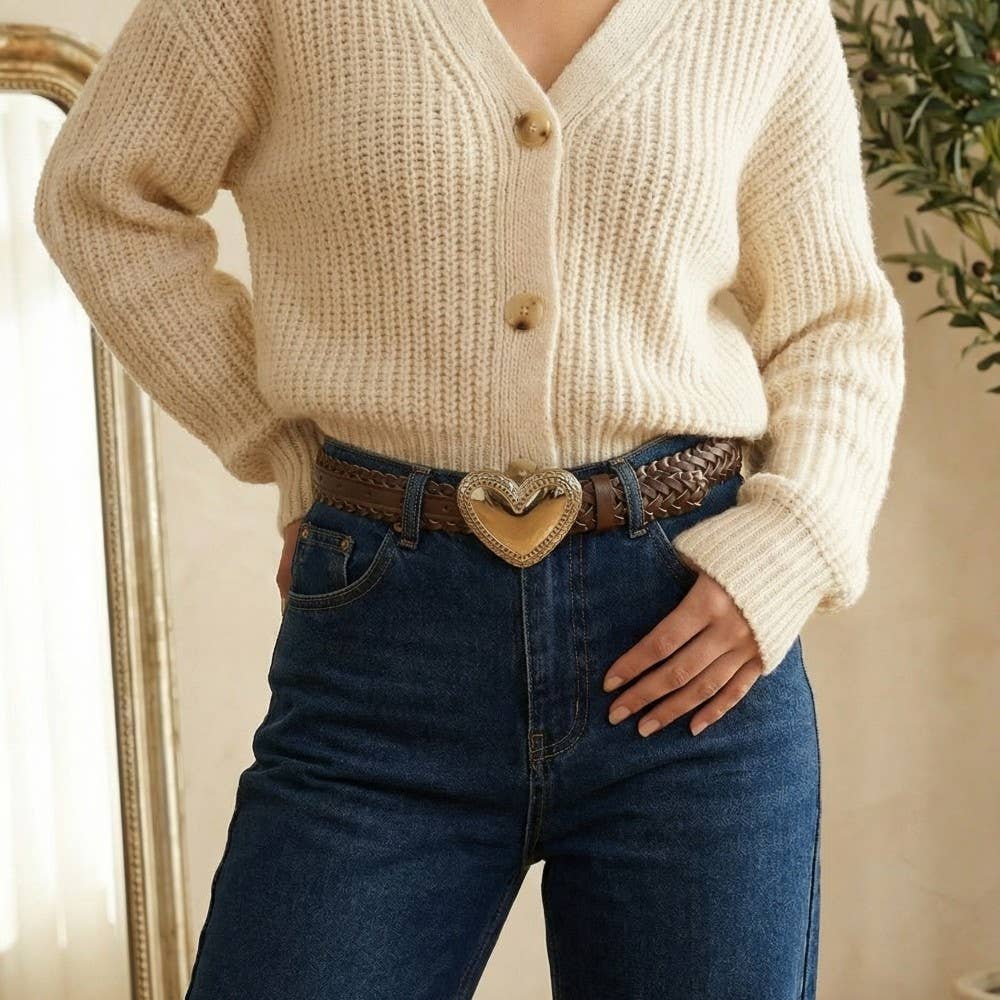 Heart Buckle Braided Vegan Leather Belt