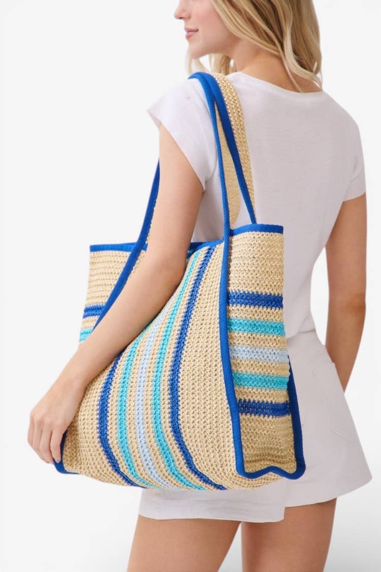 Natural Straw Tote With Multi Color Stripes