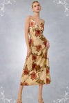 Fall Floral Satin Midi Slip V-Neckline Dress