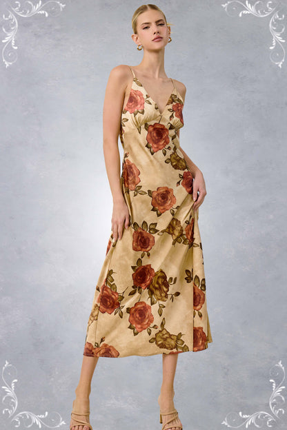 Fall Floral Satin Midi Slip V-Neckline Dress