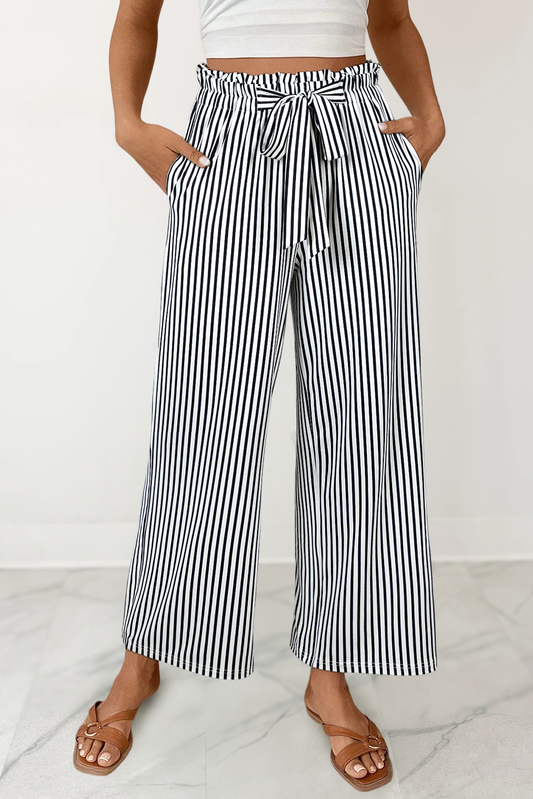 Black Stripe Drawstring Wide-Leg Shift Pants