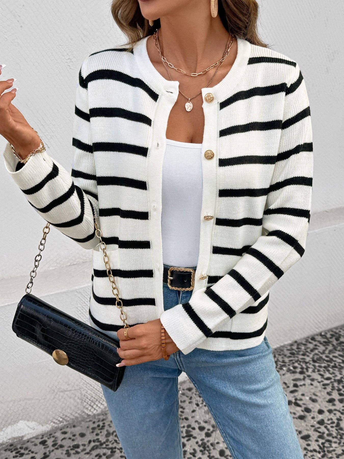 Button Up Stripe Sweater Cardigan