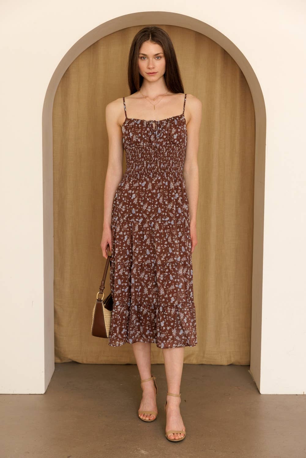 Brown + Blue Smocked Floral Tiered Midi Dress