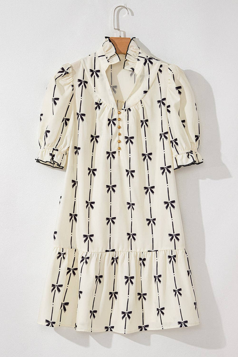 Beige Bowknot Bubble Sleeve V-Neck Mini Dress