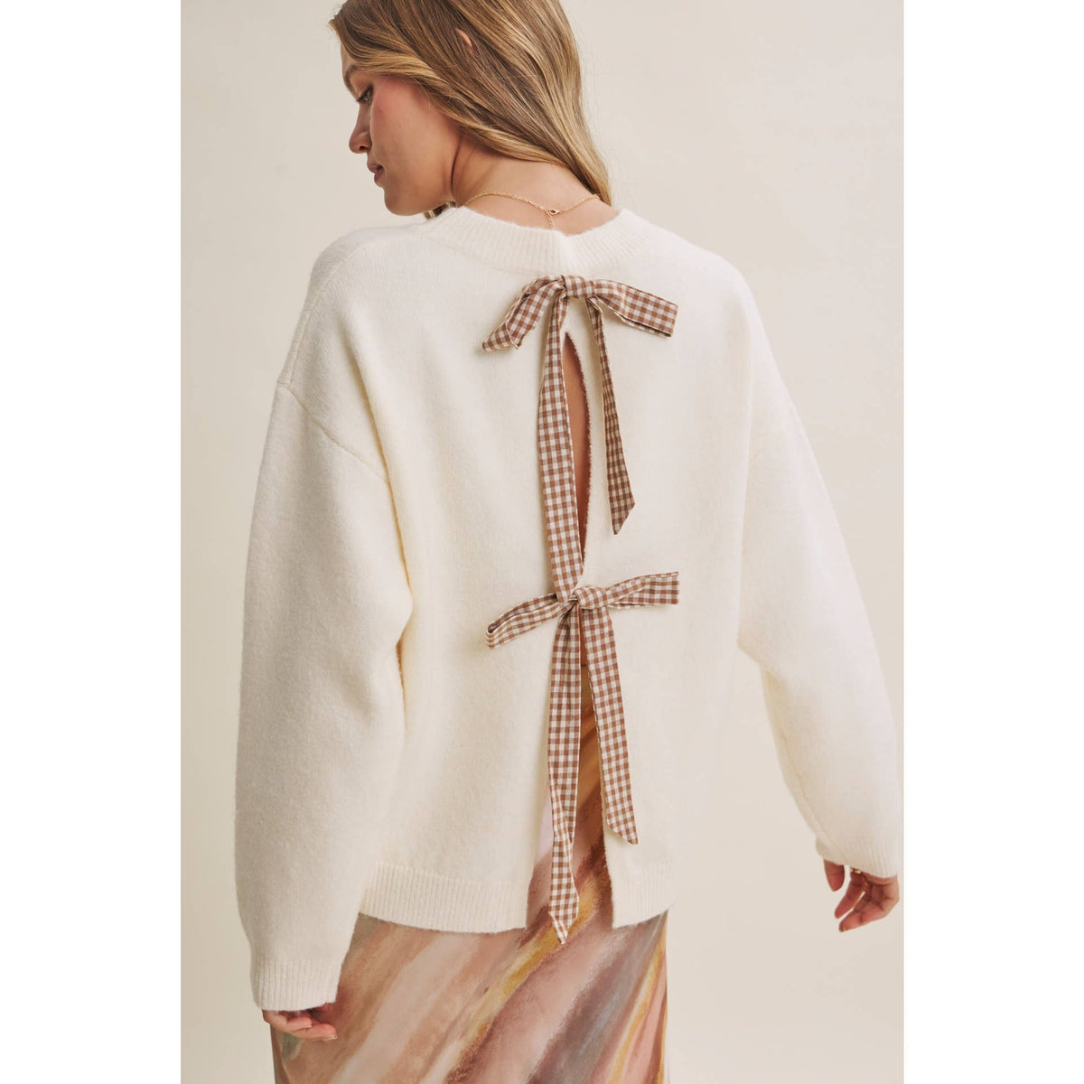 Cream / Camel Open Back Gingham Bow Sweater