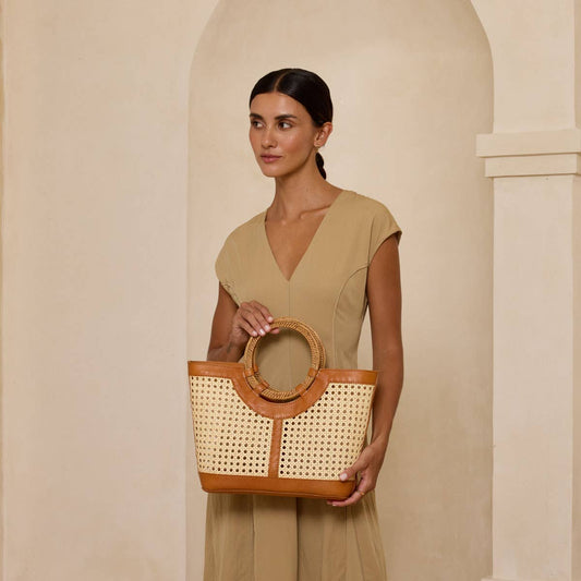 Brown Leather Large Square Cane Weave Tote Rattan Handle