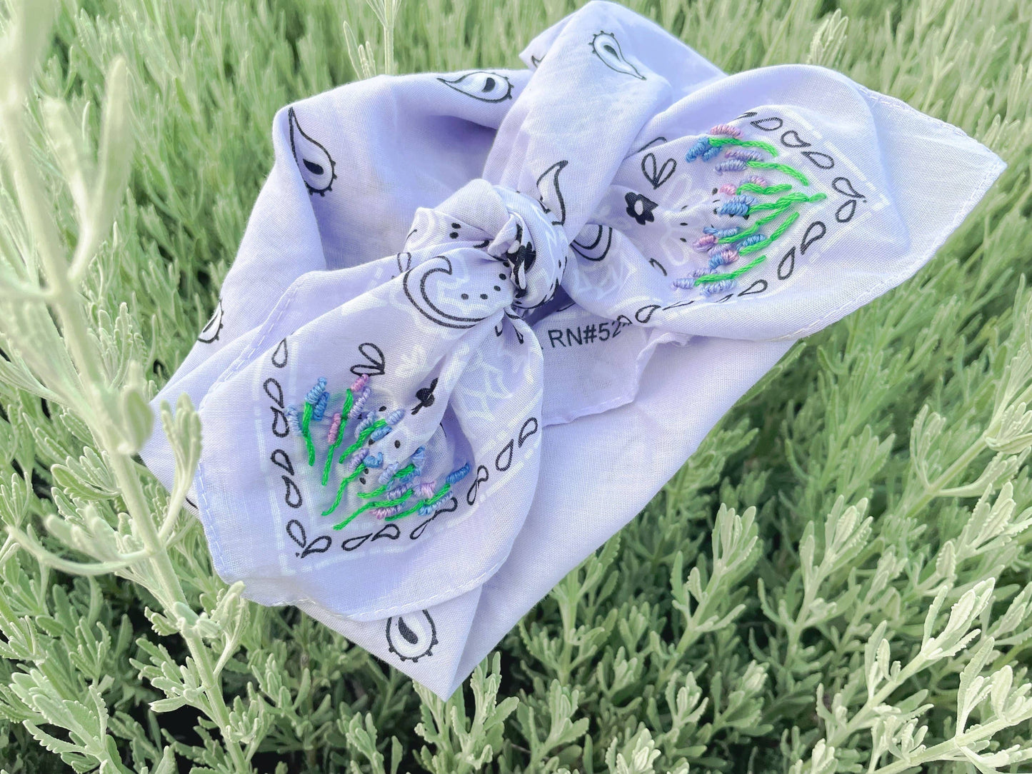Purple Bandana With Embroidered Lavender Flowers