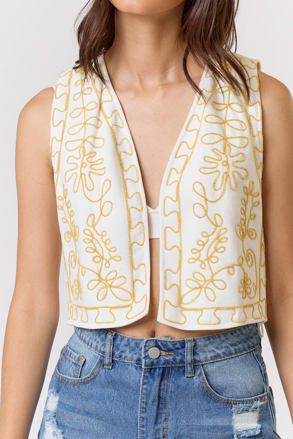 Ivory Flower Embroidery Open Front Vest