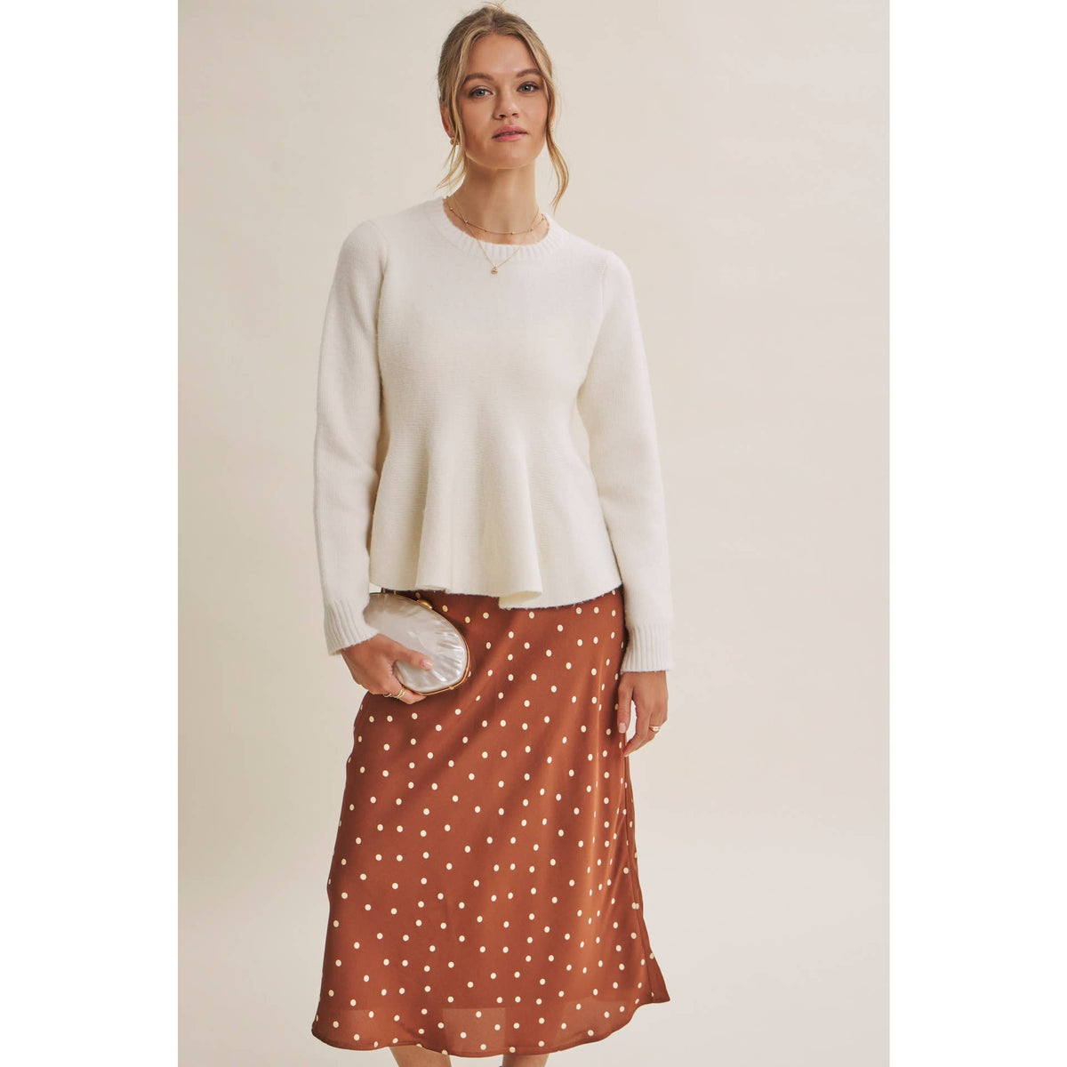 Camel / Beige Satin Polka Dot Midi Skirt