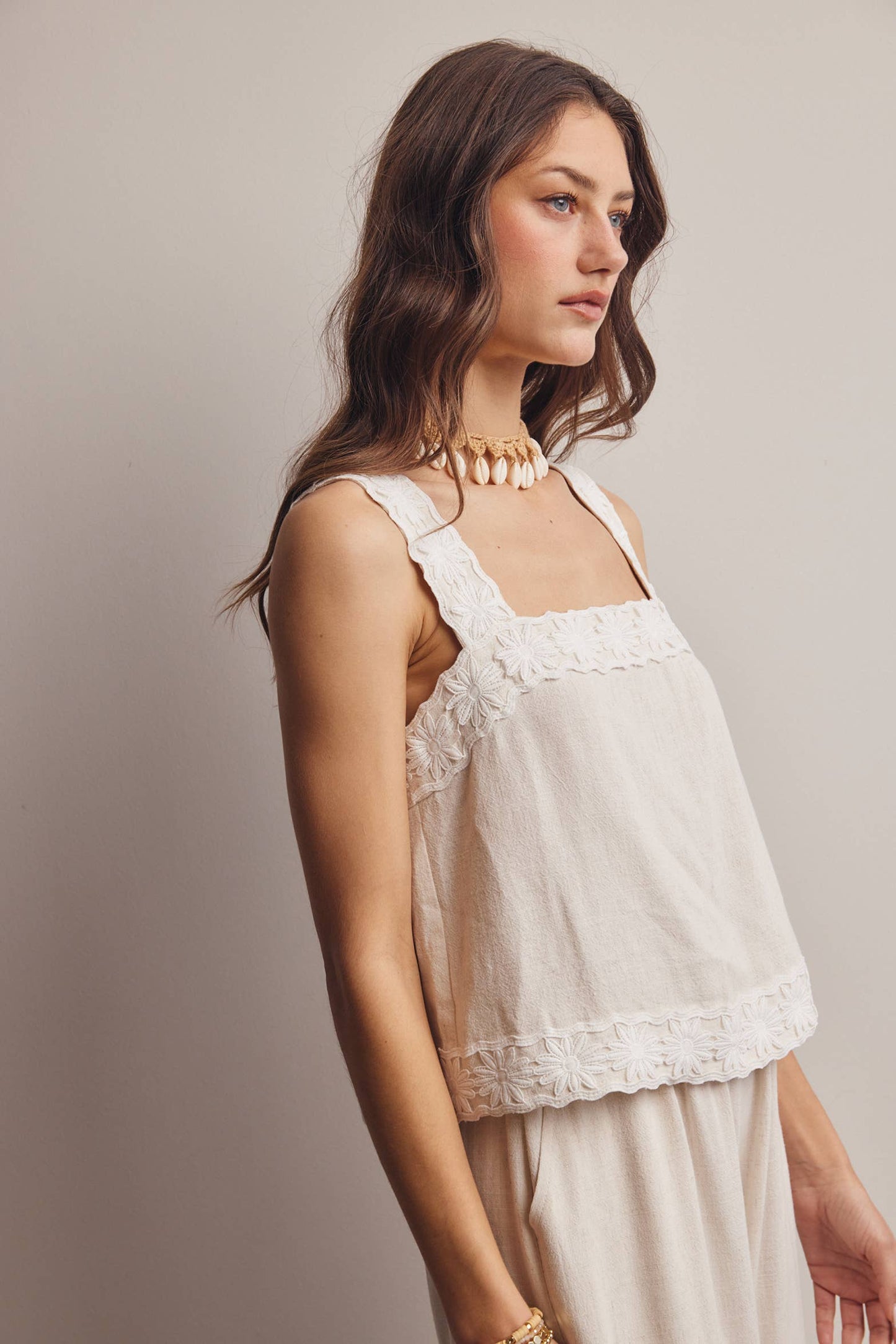 Embroidered Square-Neck Tank & Wide-Leg Pant Set (Oatmeal)