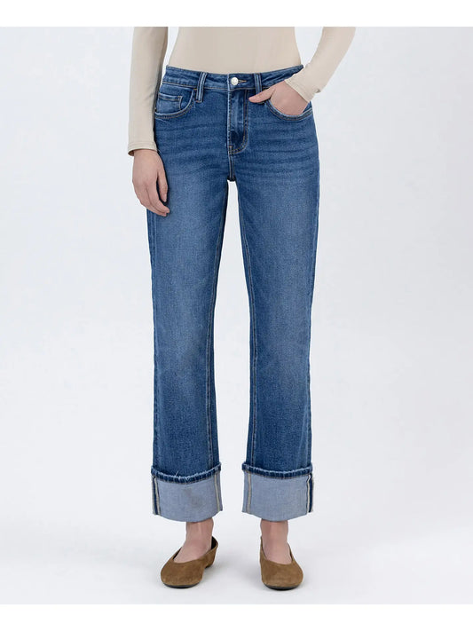 High Rise Cuffed Ankle Straight Jeans