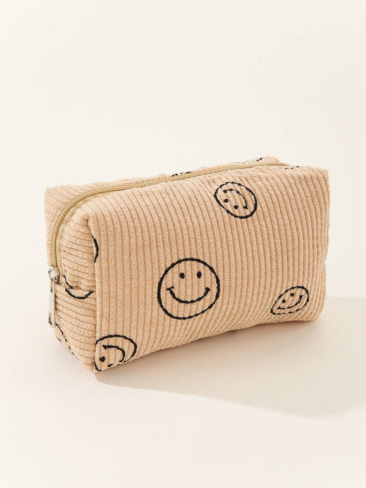 Smiley Face Corduroy Travel Cosmetic Bag