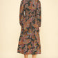 Black Leaf Print V-Neck Midi Dress