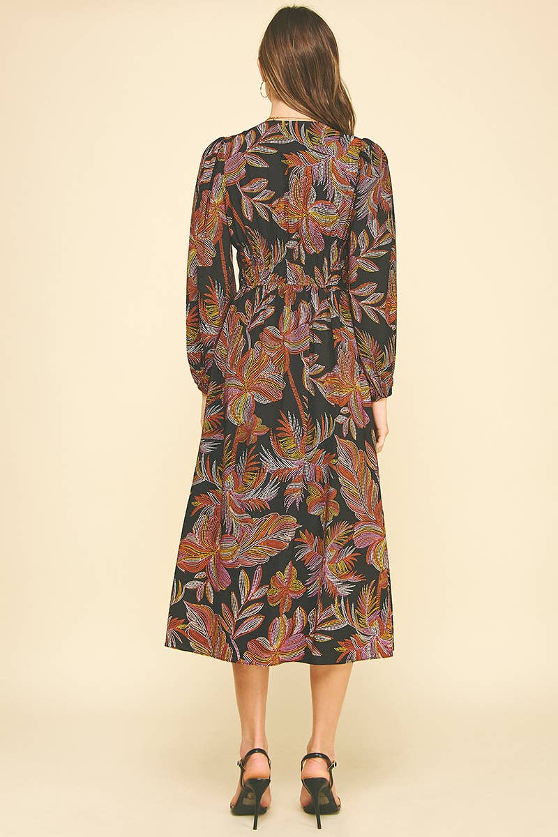 Black Leaf Print V-Neck Midi Dress