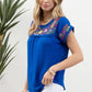 Royal Blue Floral Embroidery Scallop Blouse