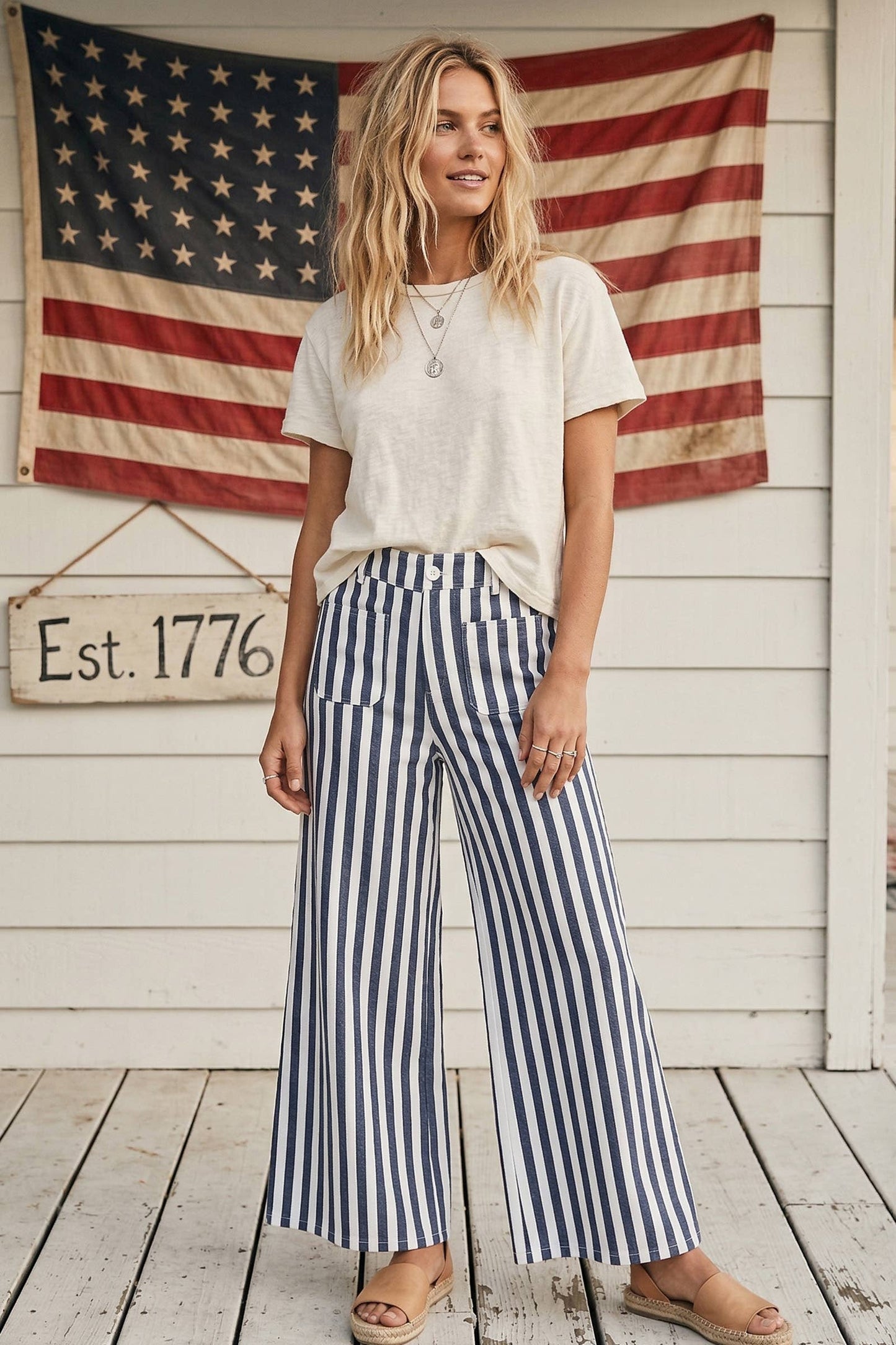 Blue + White Striped Non-Stretch Wide Leg Denim Pants