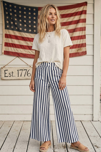 Blue + White Striped Non-Stretch Wide Leg Denim Pants