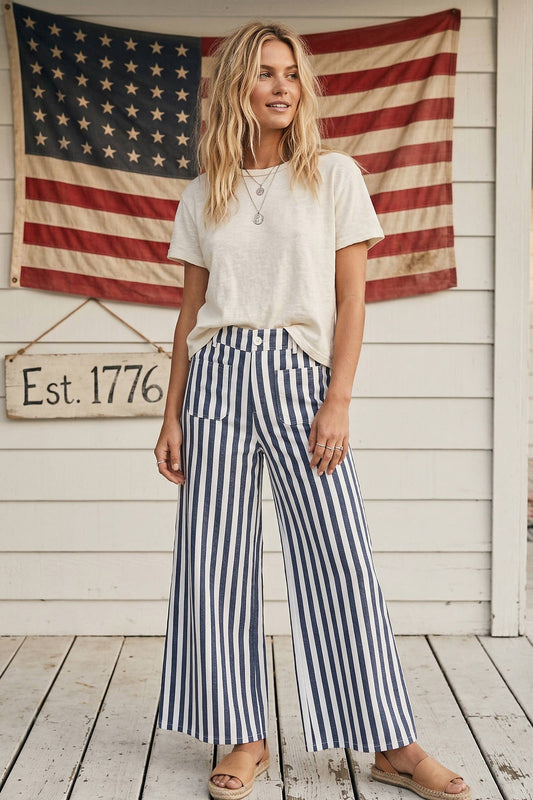 Blue + White Striped Non-Stretch Wide Leg Denim Pants