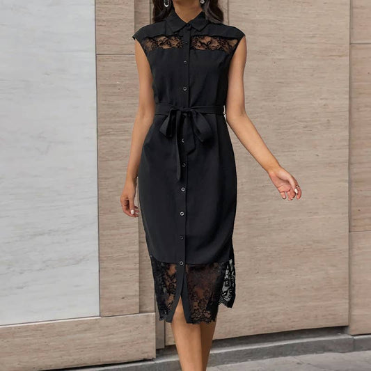 Black Lapel Tie Lace Dress