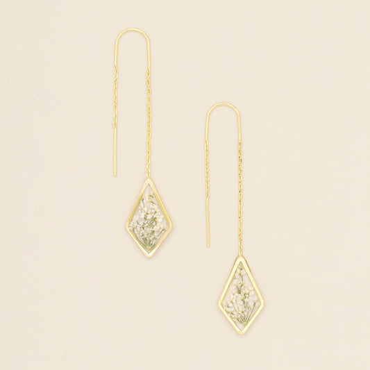White Lace Flower/Gold Pressed Flower Thread Earring