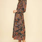 Black Leaf Print V-Neck Midi Dress