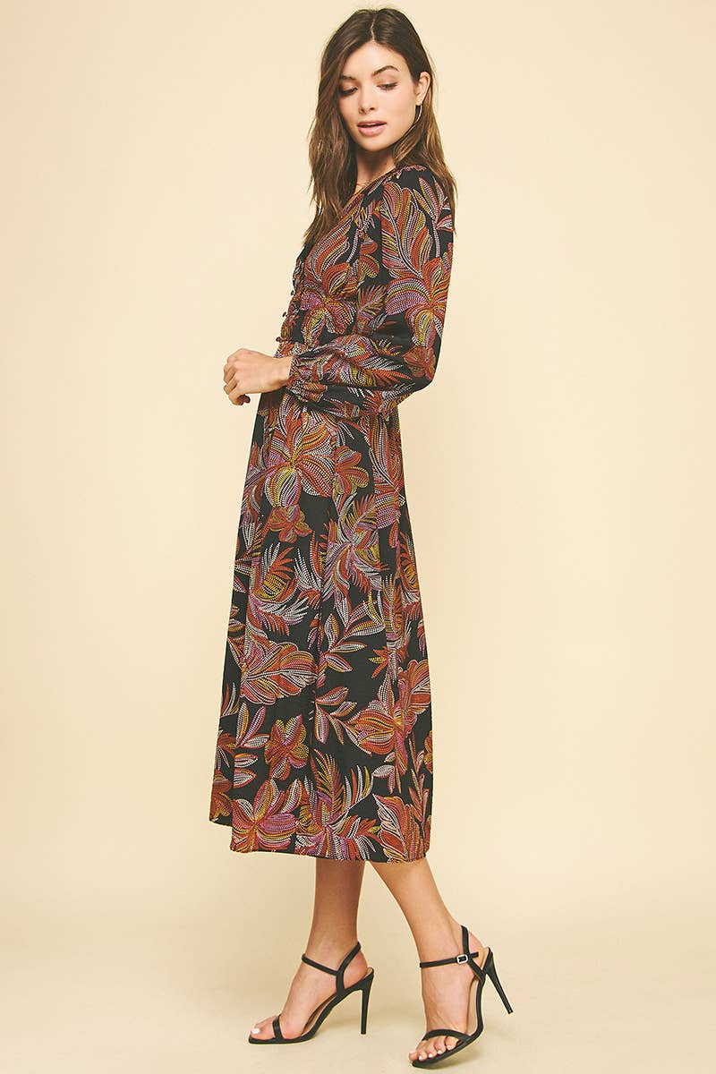 Black Leaf Print V-Neck Midi Dress