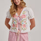 Off White Floral Embroidered Tie Front Top