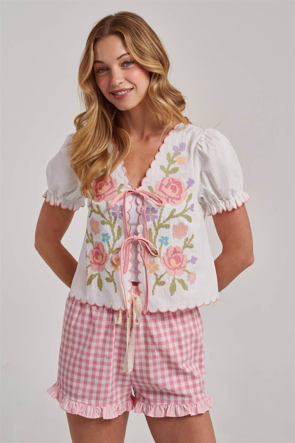 Off White Floral Embroidered Tie Front Top