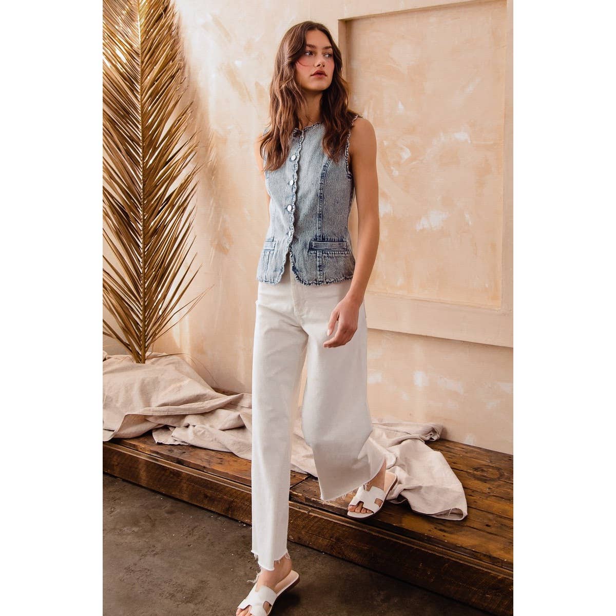 Button Up Washed Denim Vest With Scallop Edge