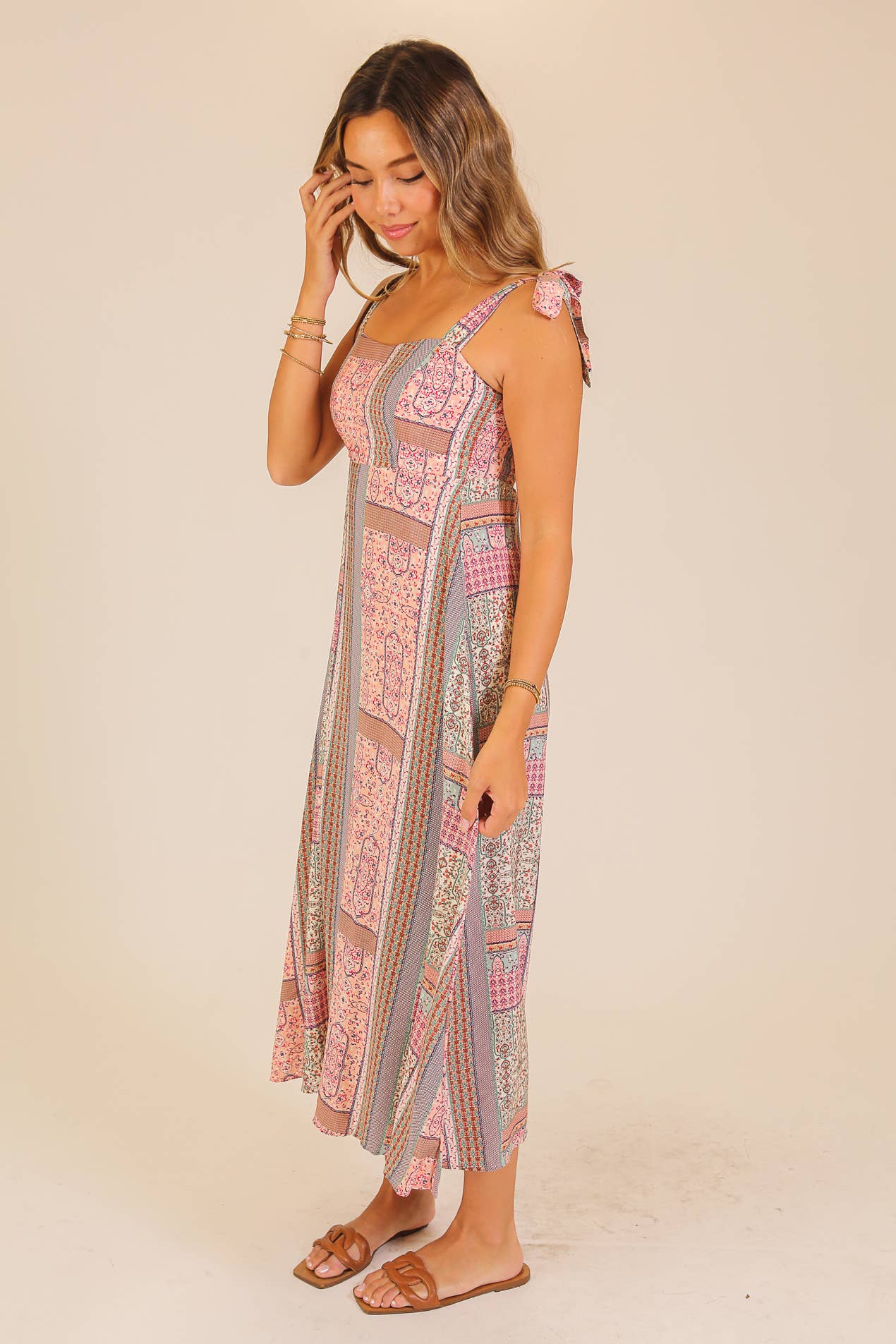Patchwork Print Tie-Shoulder Maxi Dress