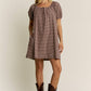 Gingham Mocha Puff Sleeve Drawstring Neck Dress