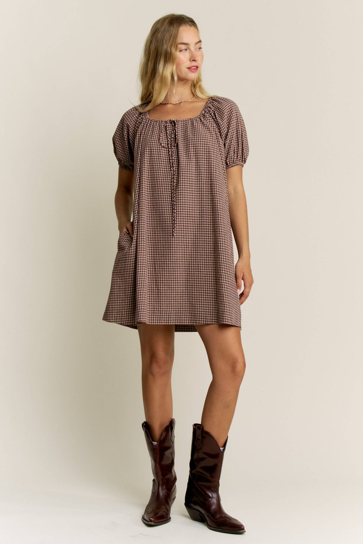 Gingham Mocha Puff Sleeve Drawstring Neck Dress