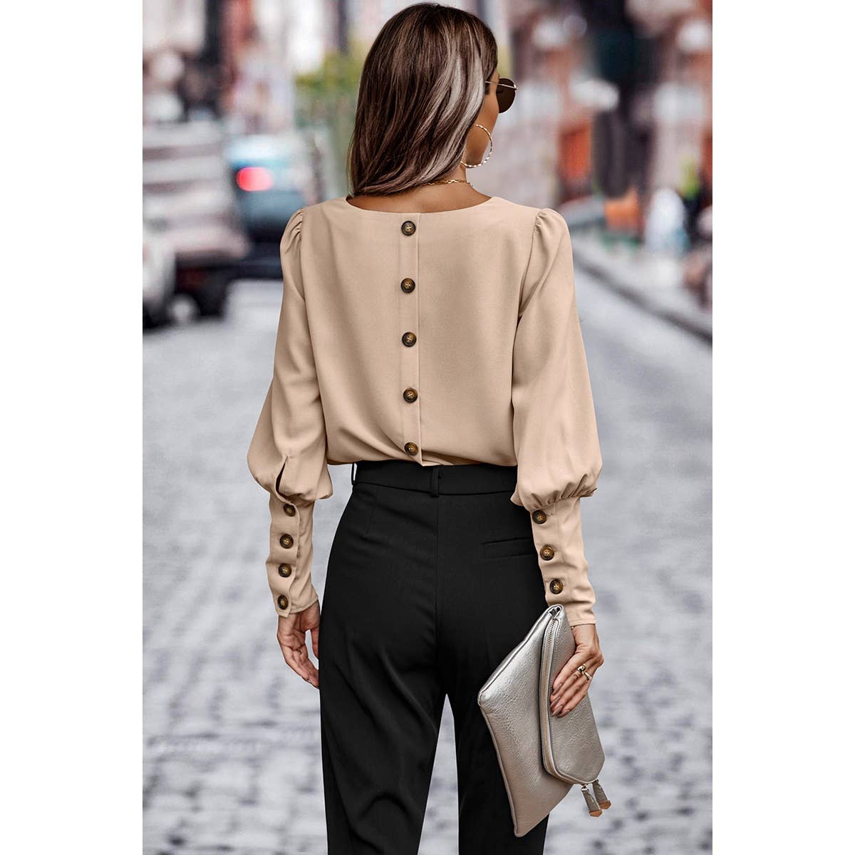 Olive Button Back Blouse Puff Sleeve Top