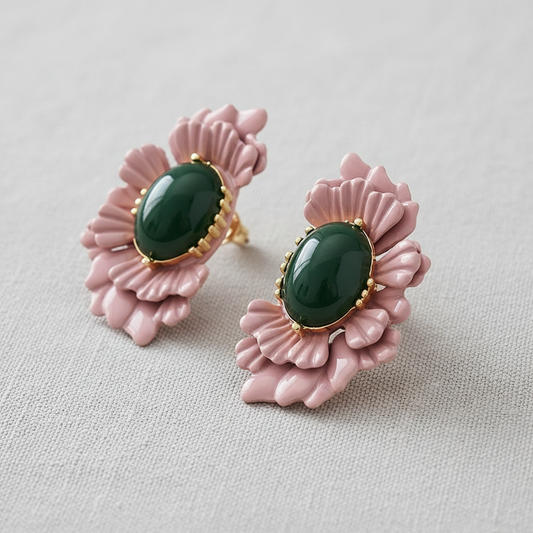 Retro Oval Glass Bead Flower Earrings