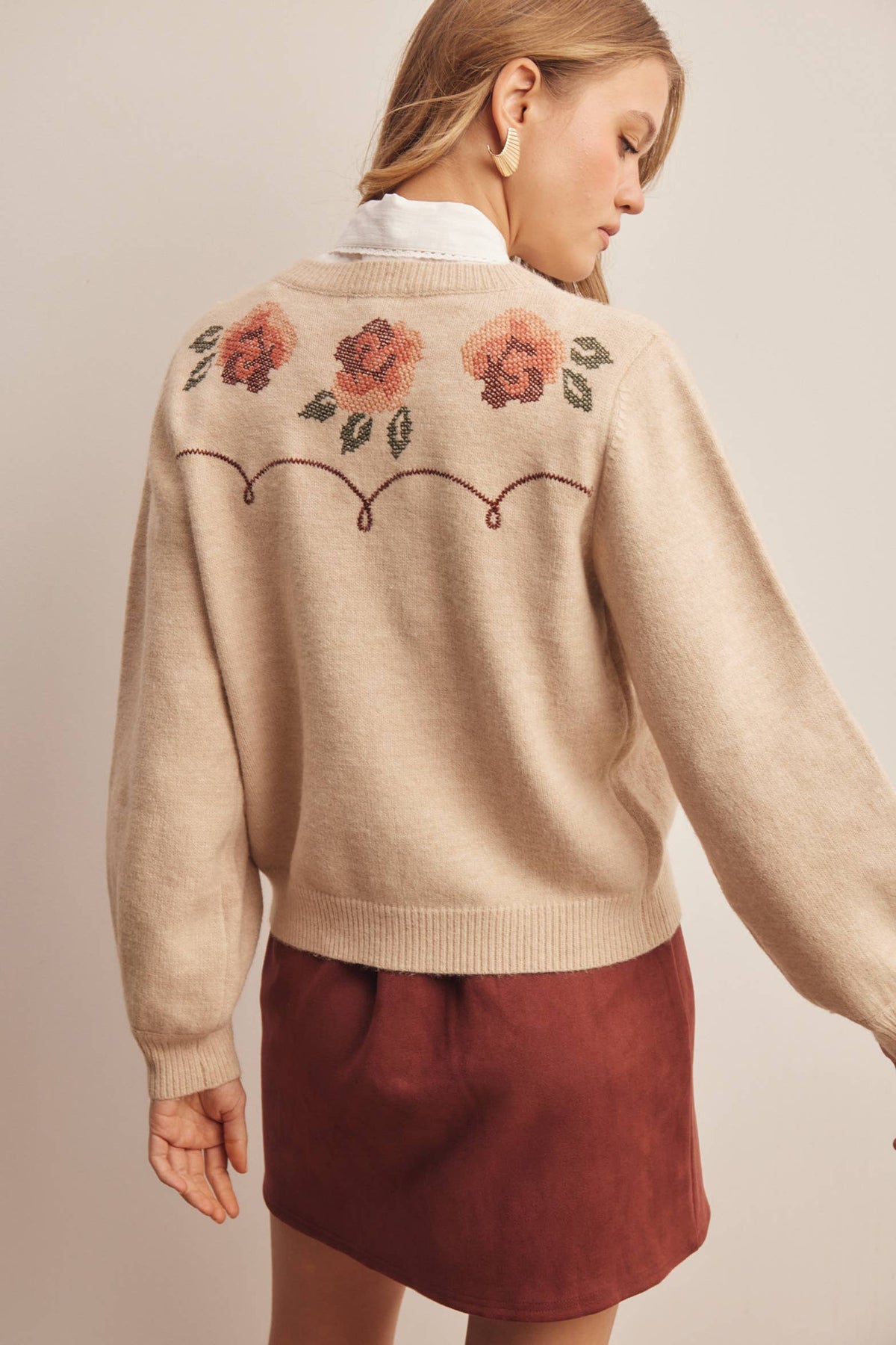 Floral Embroidered Ecru Knit Cardigan