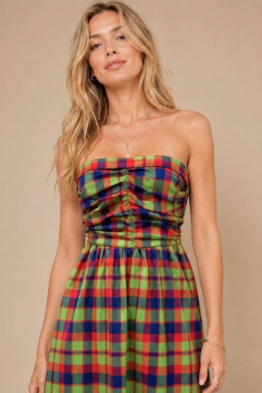 Apple Blues Plaid Strapless Maxi Dress
