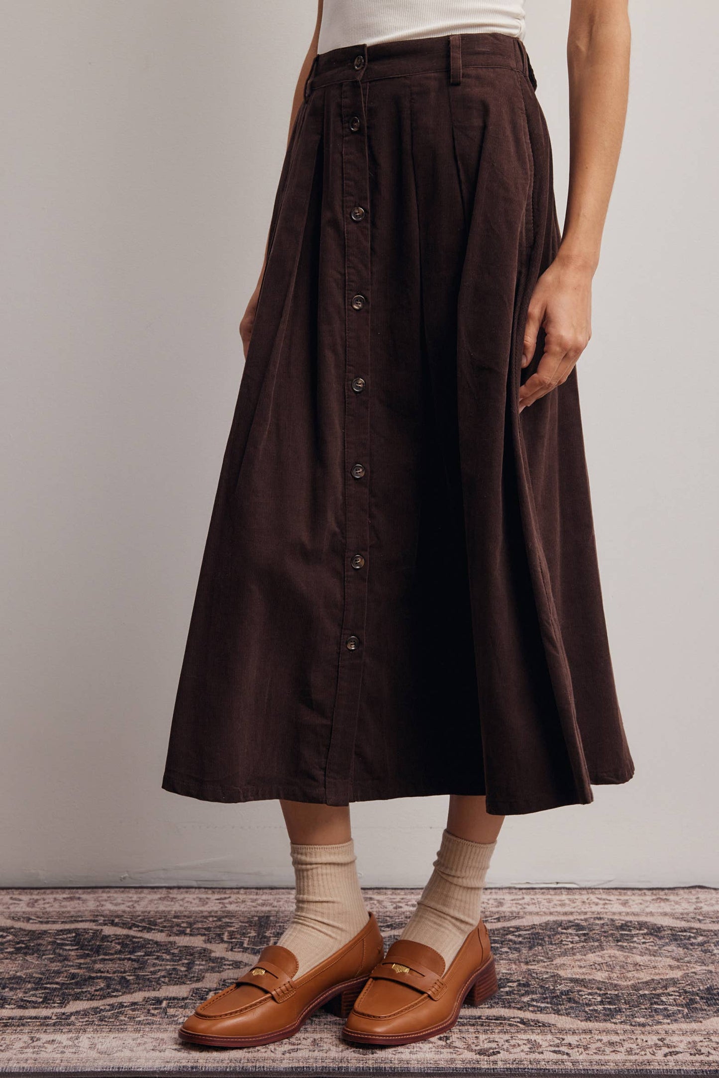 Mocha Corduroy Button Front Midi Skirt