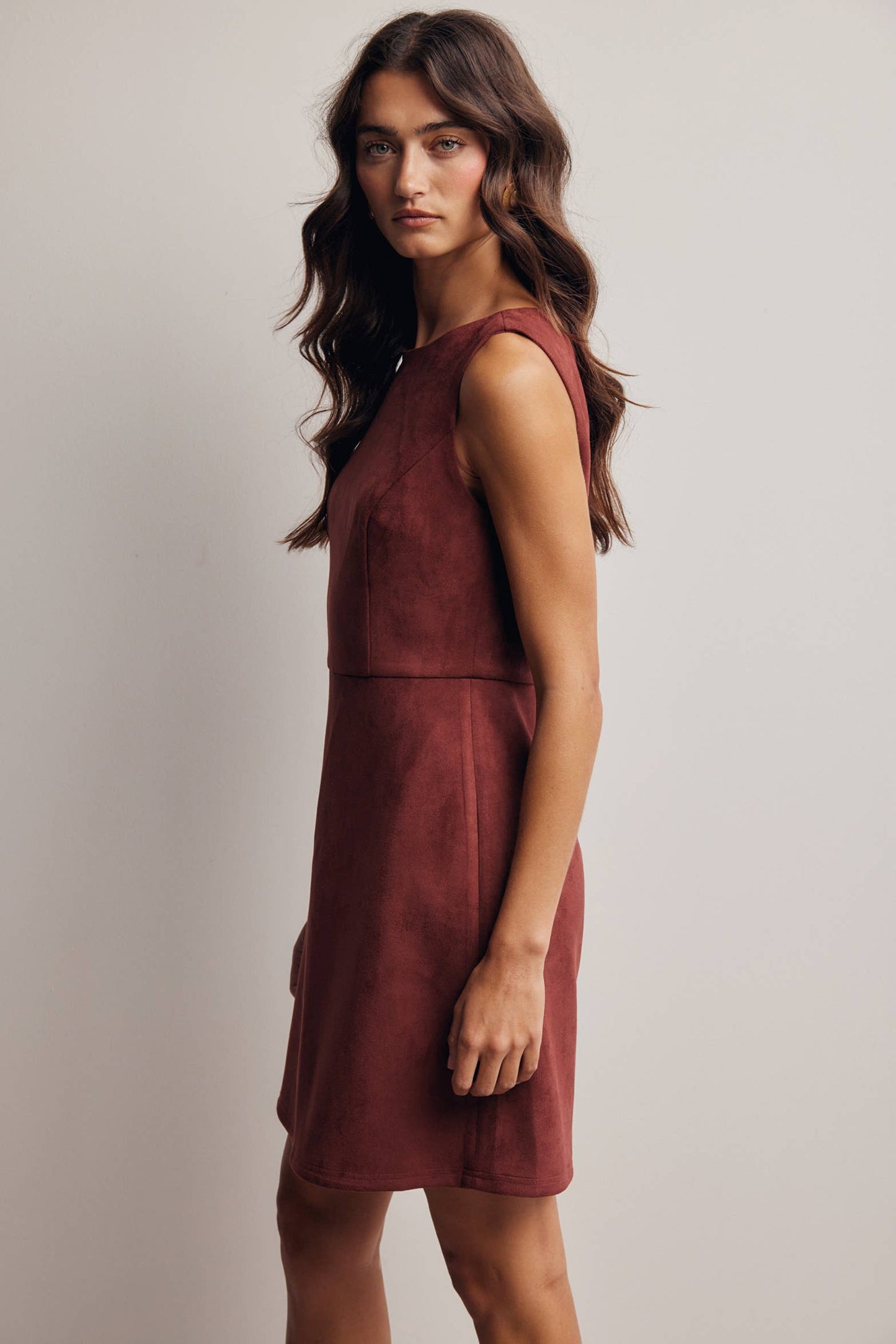 Burgundy Stretch Suede Sleeveless Mini Dress