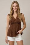 Brown Satin Jacquard Lace Trim Tank