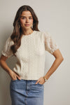 Ecru Lace Puff Sleeve Knit Top