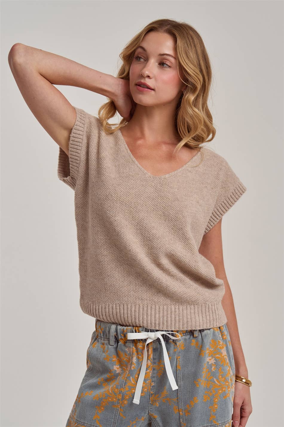 Textured Taupe V-Neck Dolman Sweater
