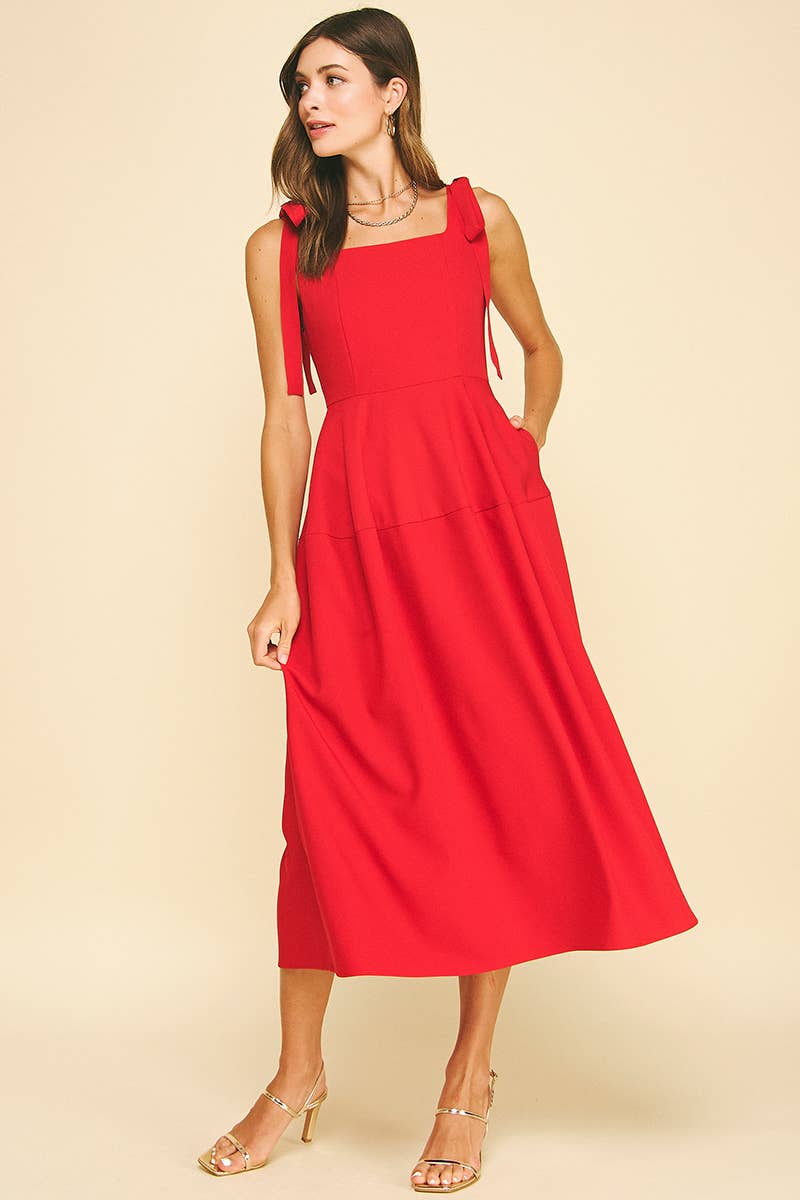 Red Ribbon Midi Sleeve Dress