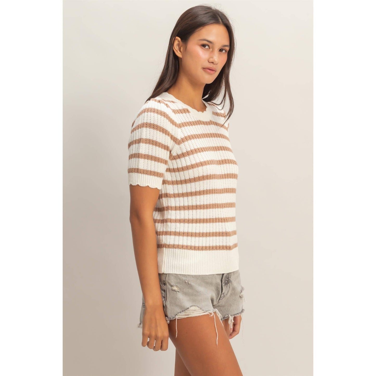 Striped Scallop Edge Taupe Puff Sleeve Knit Top