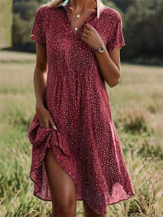 Crimson V-Neck Printed Polka Dot Shirt Dress