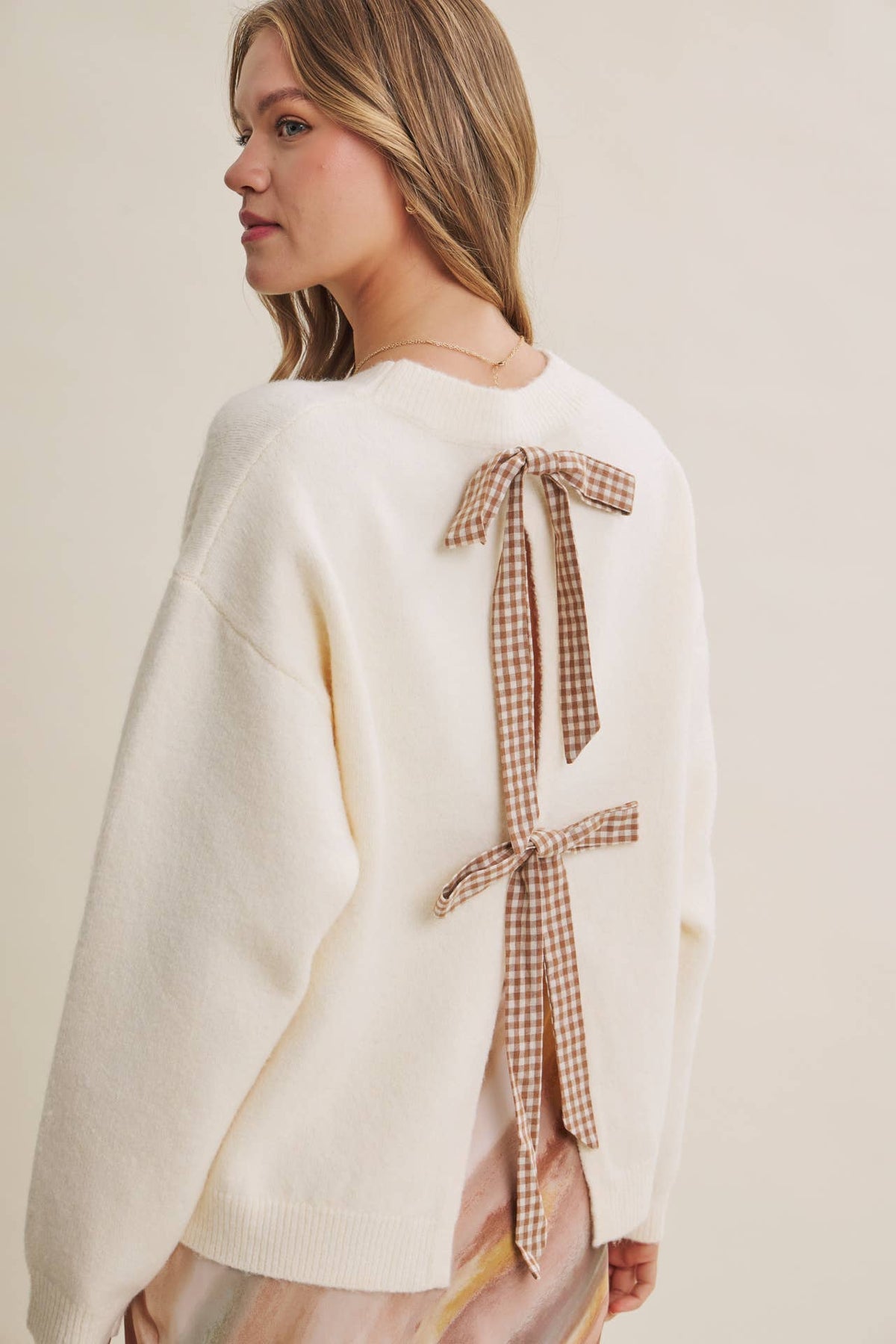 Cream / Camel Open Back Gingham Bow Sweater