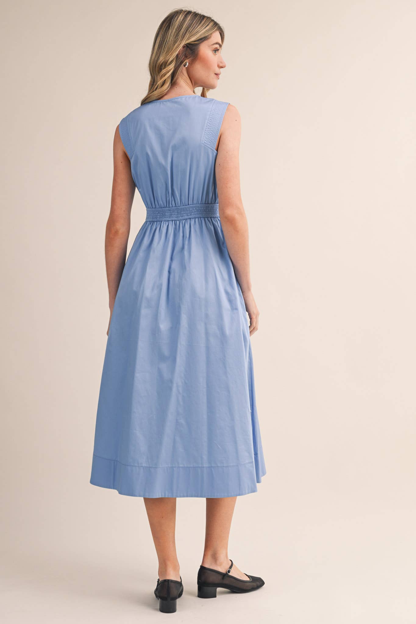 Zipper Front Cornflower Sleeveless Midi Dress